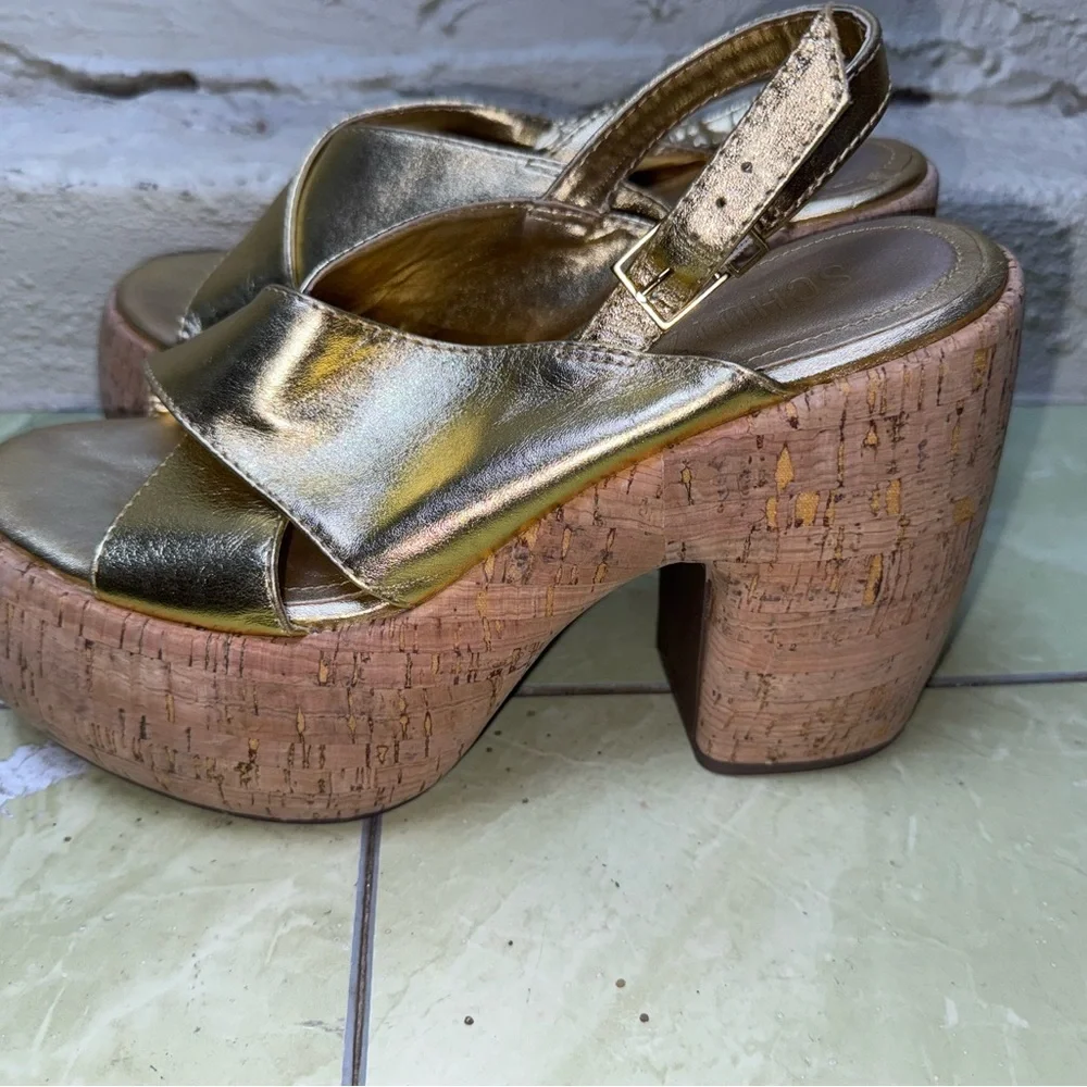 Schutz‎ Gold Platform Sandals Cork Block Heel Disco Glam Boho- 7.5
